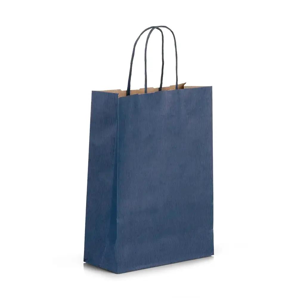 Sacs en papier kraft vergé à poignées torsadées, bleu foncé